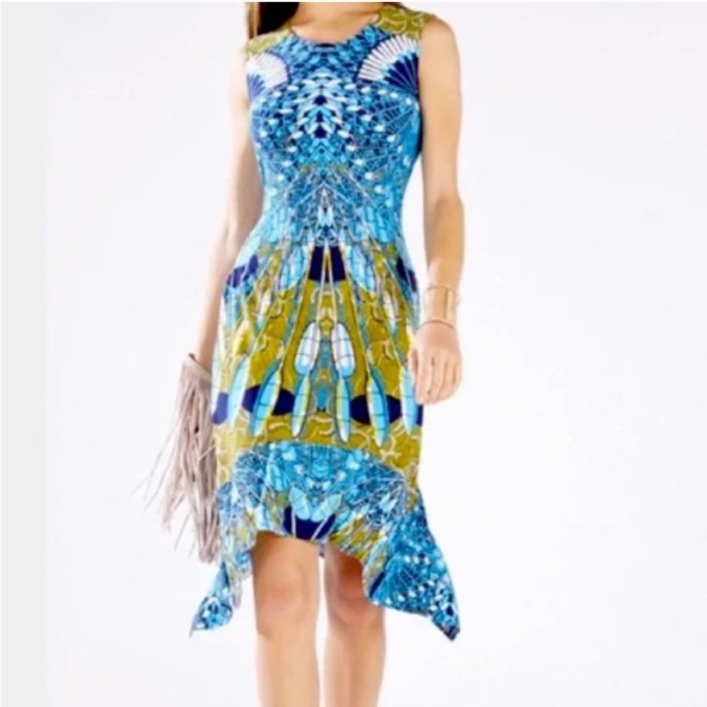 NWT BCBG Jenica Feather print Dreamcatcher Dress blue XS-S new high-low $178